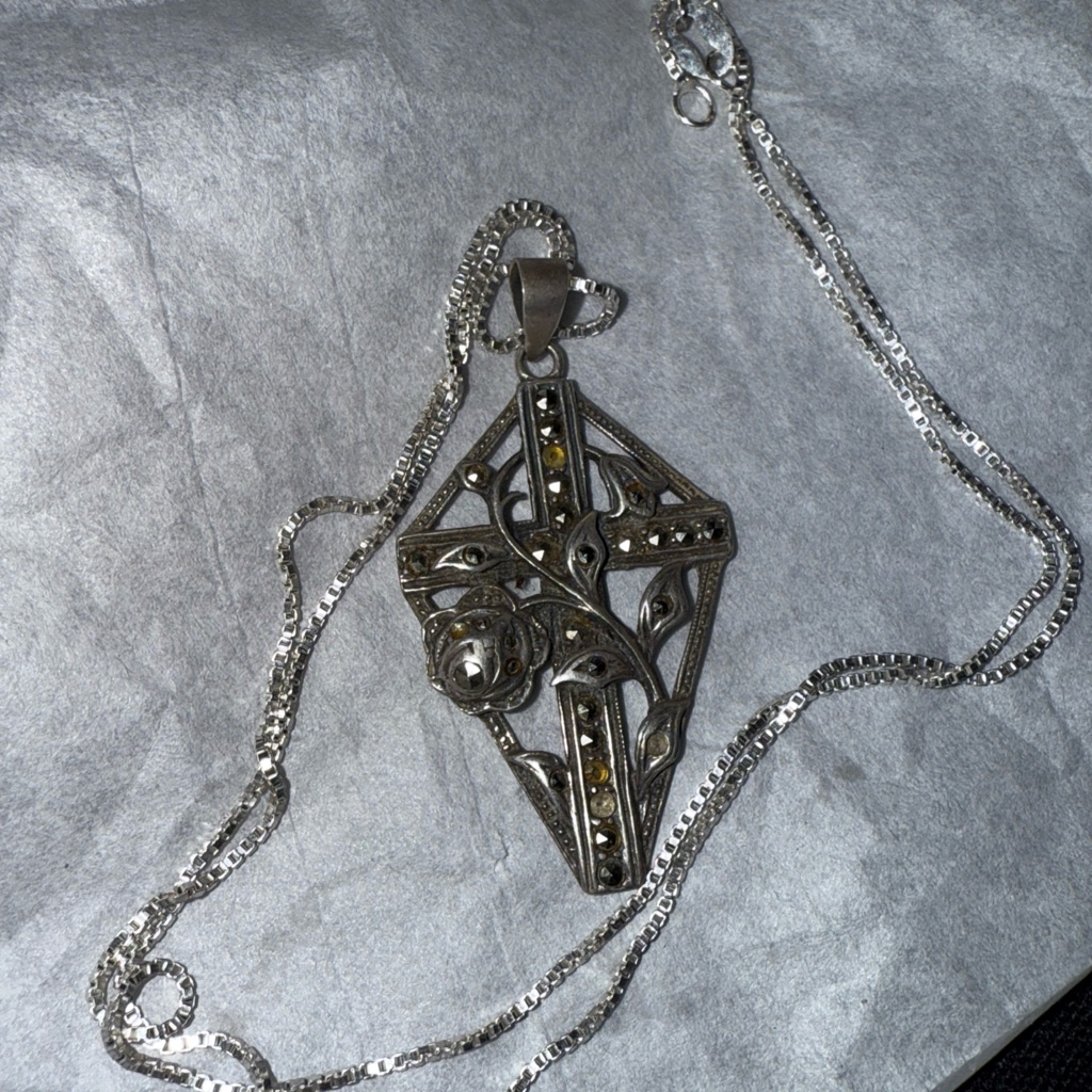 Sterling Silver Cross Crucifix Pendant Necklace Chain 925 Marcasites Vintage Gm